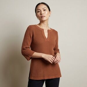 St John Sport Women P Rust Brown Wool Blend Waffle Knit Split Neck Tunic Sweater
